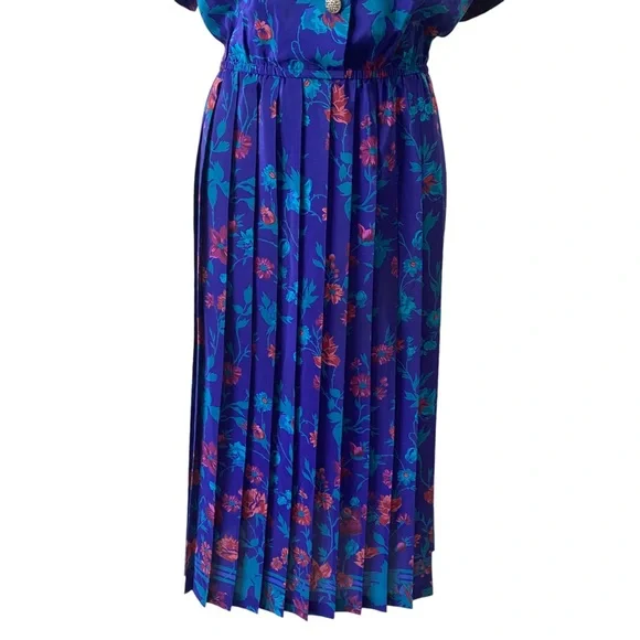 Vintage 1990s LESLIE FAY Floral Pleated retro Multicolored swing Dress sz 16 - Picture 7 of 11